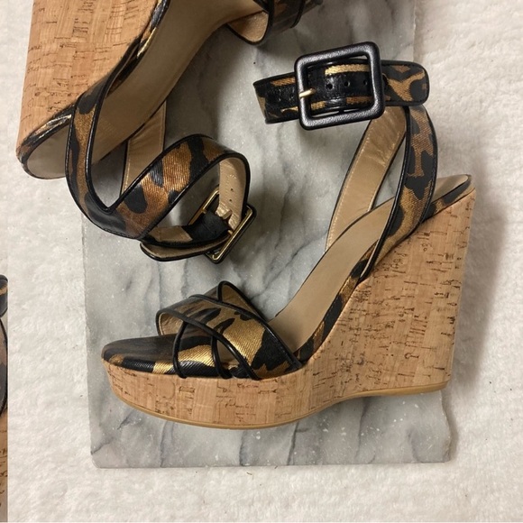 Stuart Weitzman Sz 6 Leopard Print Ankle Strap Wedge Heels Tan Black - Picture 10 of 13
